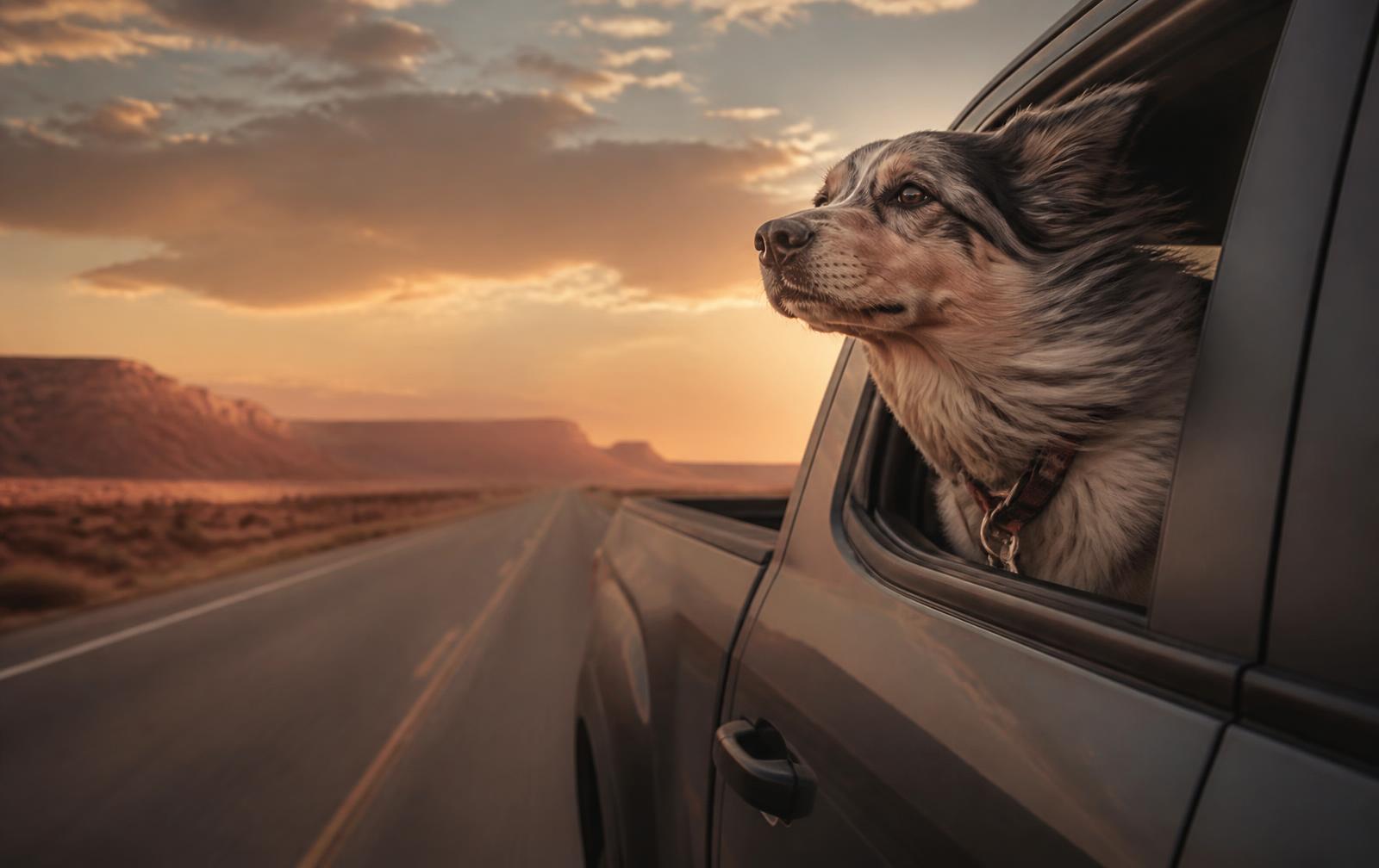 Dog with head out of a truck window on a desert highway