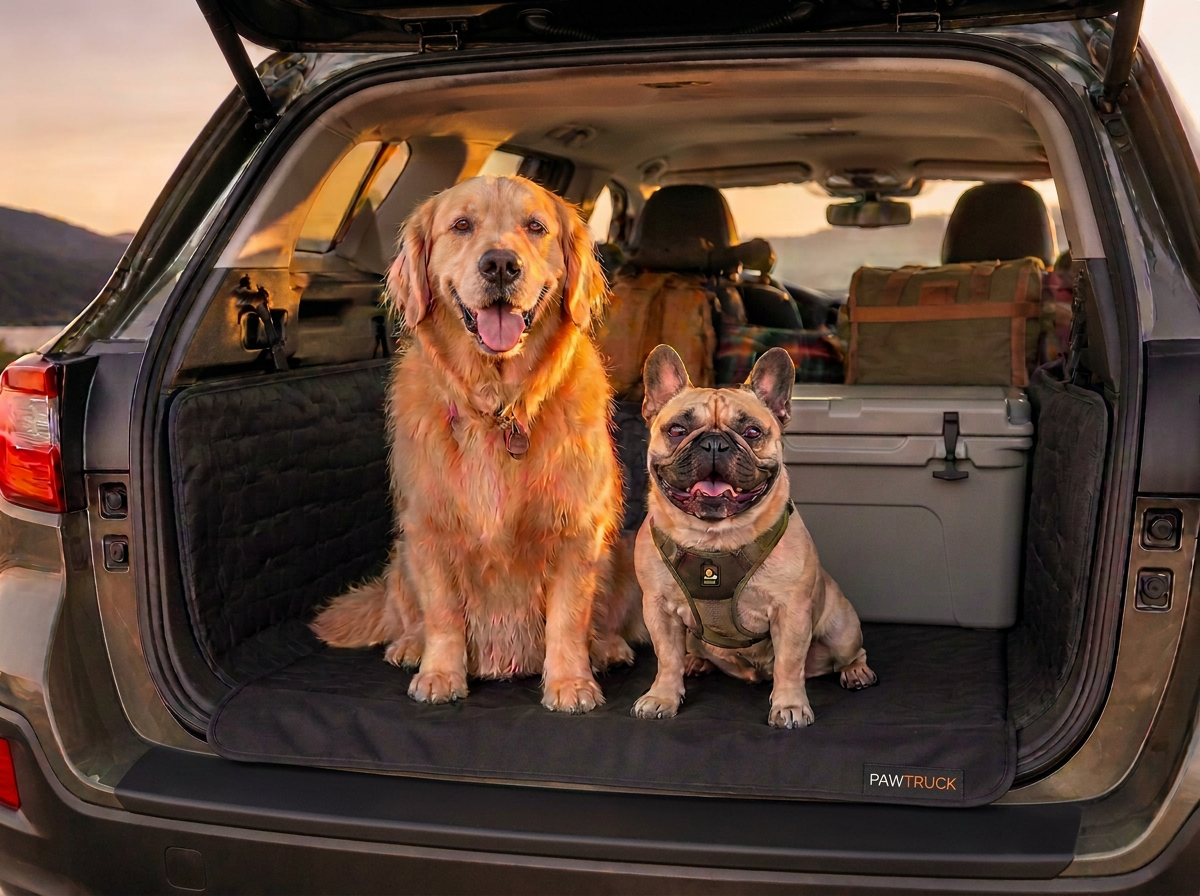 Golden Retriever and French Bulldog on a cargo liner in a Subaru Outback