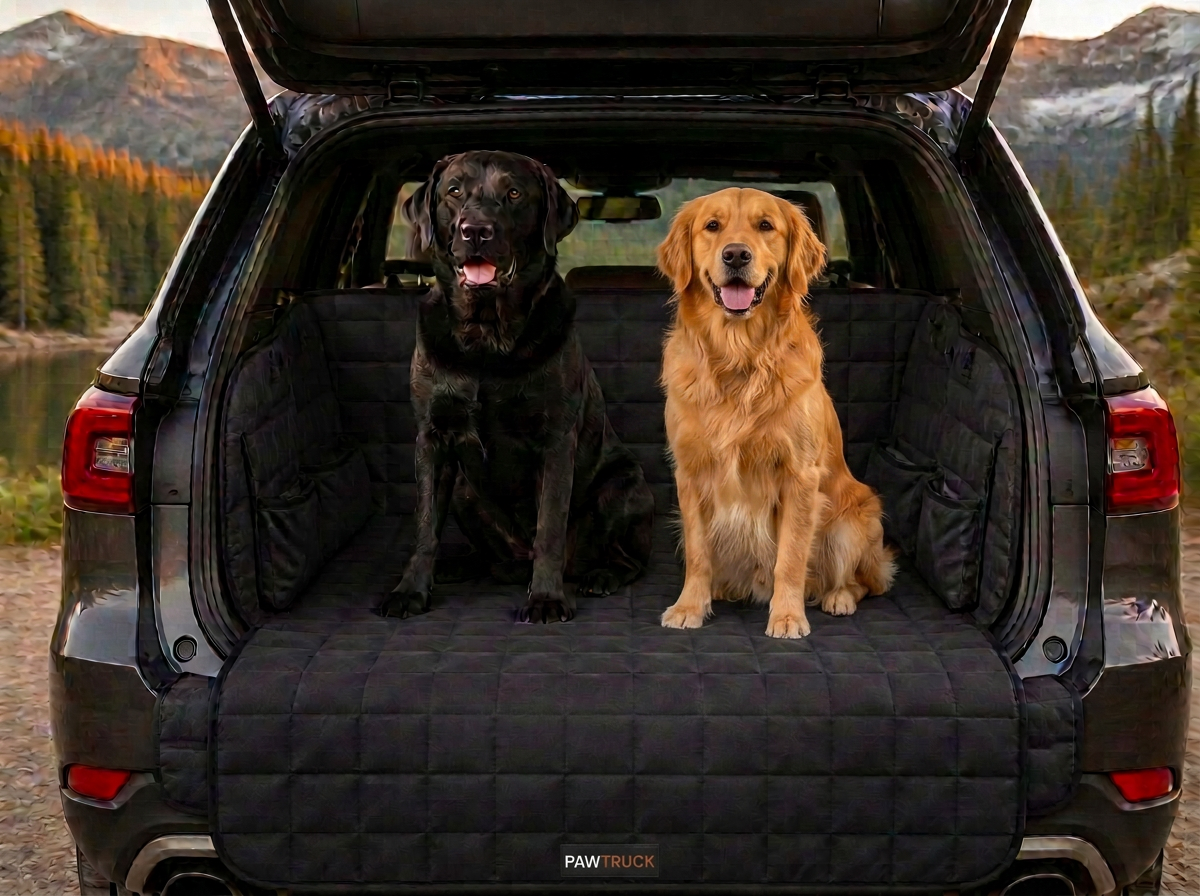 Golden retriever and black labrador sitting together on the PawTruck Cargo Liner in an SUV cargo area