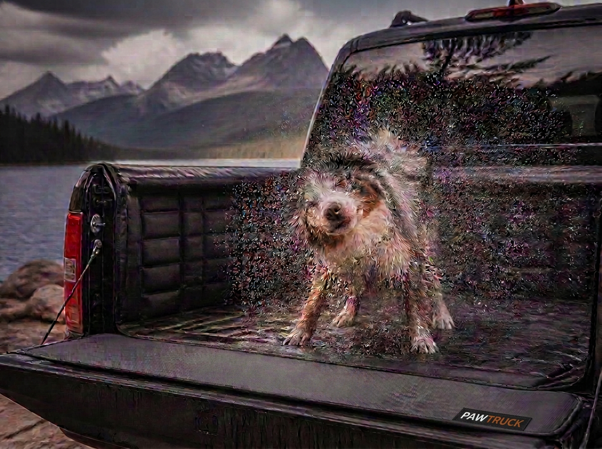 Australian Shepherd shaking off water in a pickup truck bed